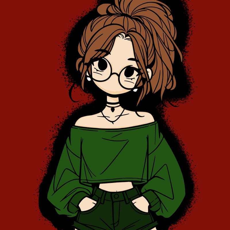 girl with a messy ponytail glasses a baggy crop top and jean shorts