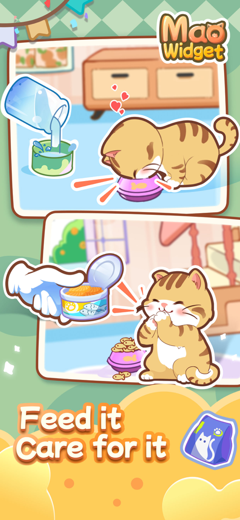Cartoon kitten being fed and cared for in the Widget Cat app interface