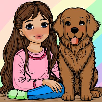 realistic girl with realistic golden retriever