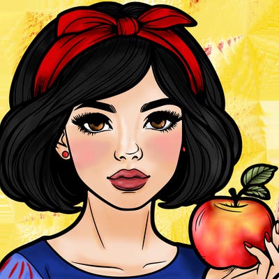 a woman with medium short hair, wearing a headband with a small bow, carrying an apple in her hand, realistic