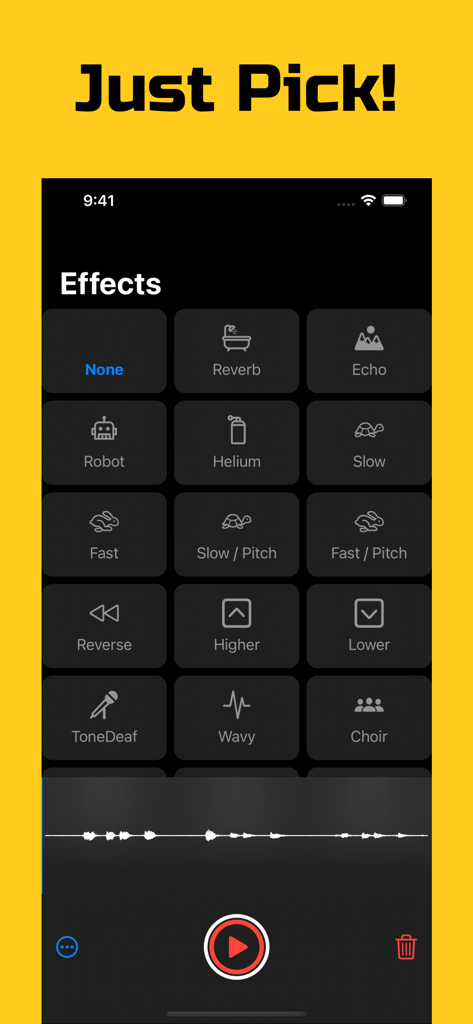 Voffect - Voice effect changer - A menu of voice effects in the Voffect app featuring options like robot helium and echo