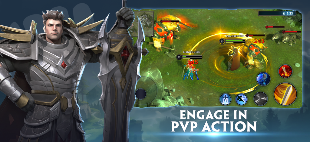 World Eternal Online - A powerful armored hero standing next to a real-time player versus player battle scene in World Eternal Online