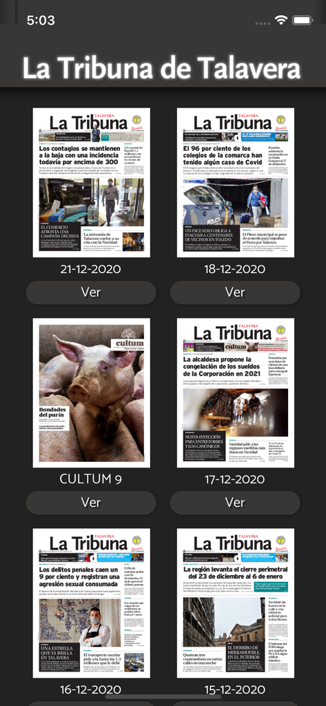 Vista de archivo digital de La Tribuna de Talavera mostrando varias ediciones del periódico por fecha
