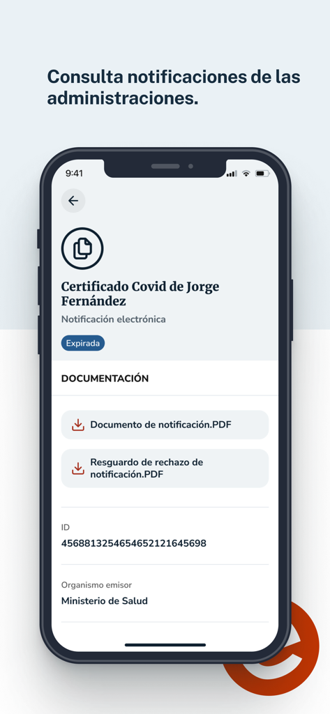 Interface of Notifica App displaying a specific electronic notification from the Spanish government with documentation links