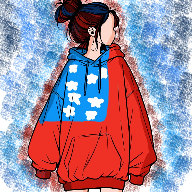 realistic girl with a oversized sweatshirt on and a bun
