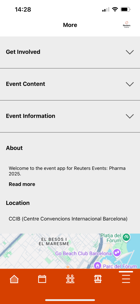 Reuters Events app screen showing event information and location map
