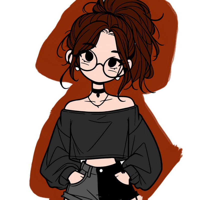 girl with a messy ponytail glasses a baggy crop top and jean shorts