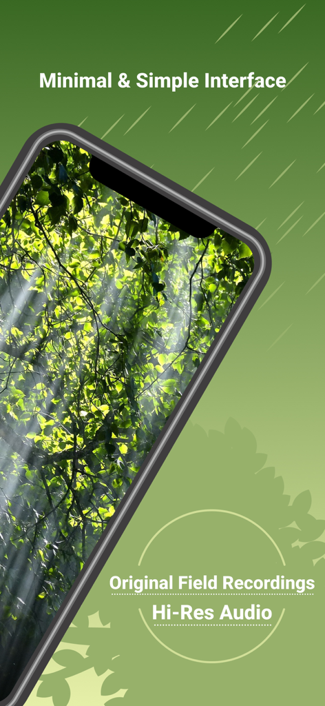 NatureVoice(BGM For Sleep) - An iPhone displaying a lush green forest scene with text promoting a minimal interface and high-resolution field recordings.