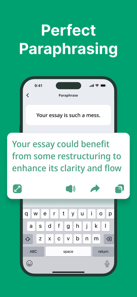 AI Grammar Check app screenshot showing the paraphrasing feature on an iPhone