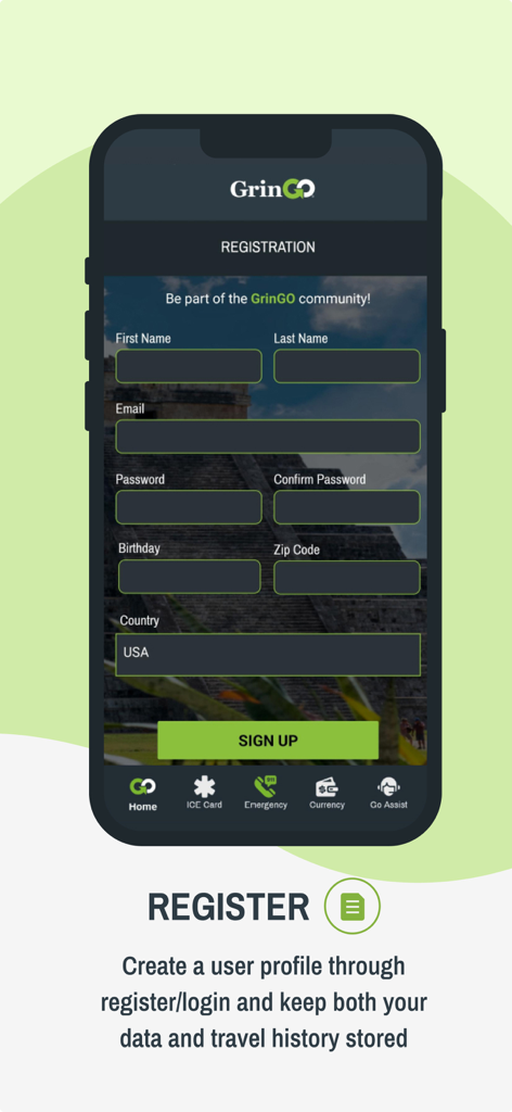 GrinGO App - Formulario de registro de usuario para la aplicación de viajes GrinGO con campos para datos personales y un botón de registro