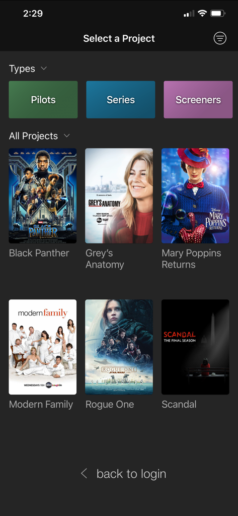 PIX System project selection screen showing movie and television show project posters
