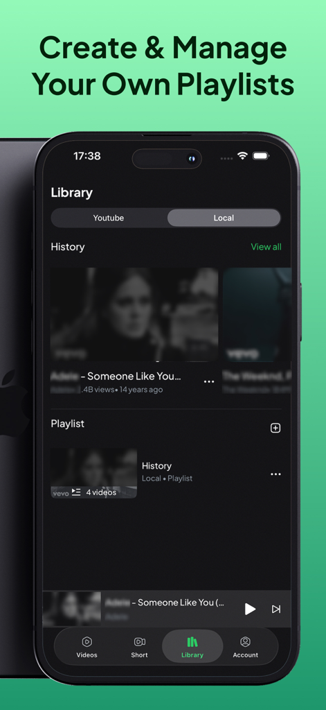 Interface de la bibliothèque de l'application Pure Tube montrant les listes de lecture vidéo et l'historique de visionnage sur un iPhone