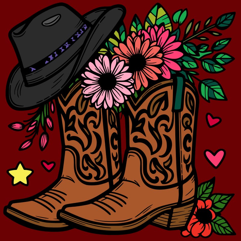 cowboy boots with cowboy hat and flowers