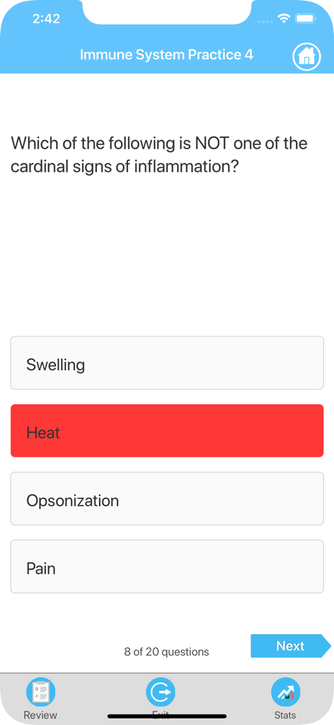 Learn Immune System - Immune system practice quiz screen showing a multiple choice question about cardinal signs of inflammation