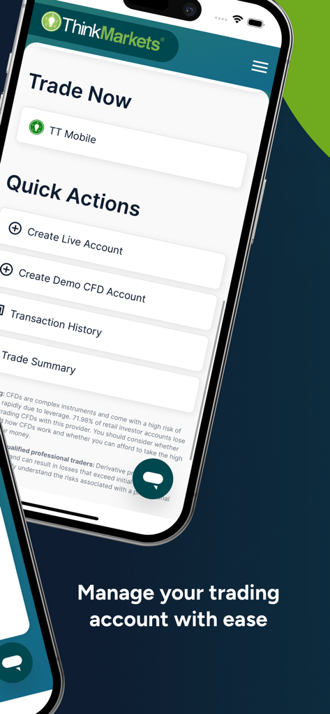 ThinkMarkets Portal mobile app interface showing quick actions for managing trading accounts