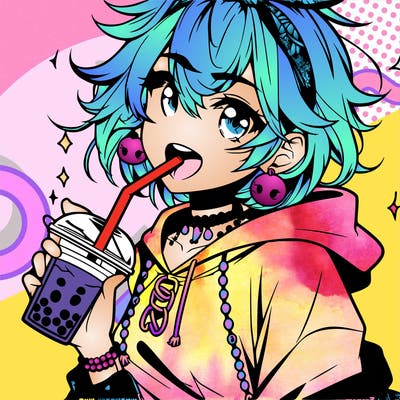 hot baddie anime girl drinking boba and biting the straw