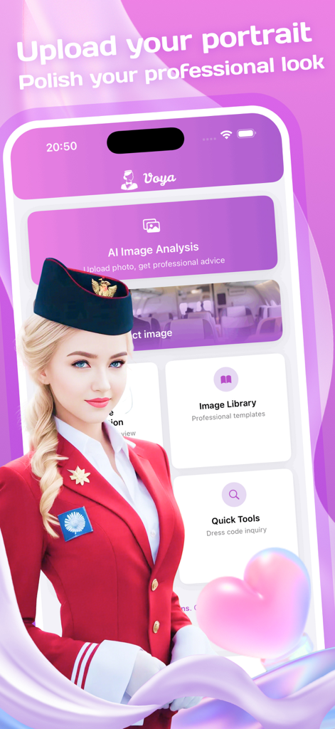 Voya Crew Bond app interface showing AI image analysis and professional grooming tools for flight attendants