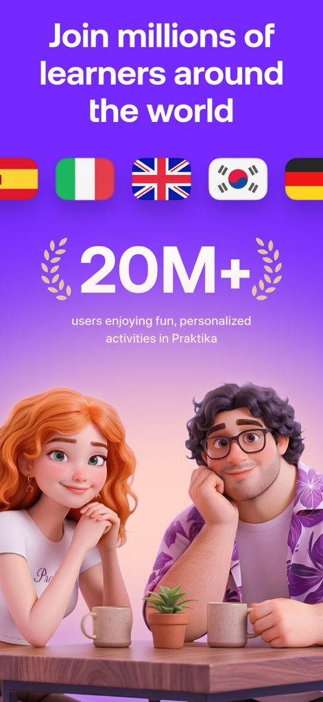 Praktika – AI Language Tutor - Praktika AI言語学習アプリのプロモーション画面、2000万人のユーザーと3Dキャラクターアバターを表示