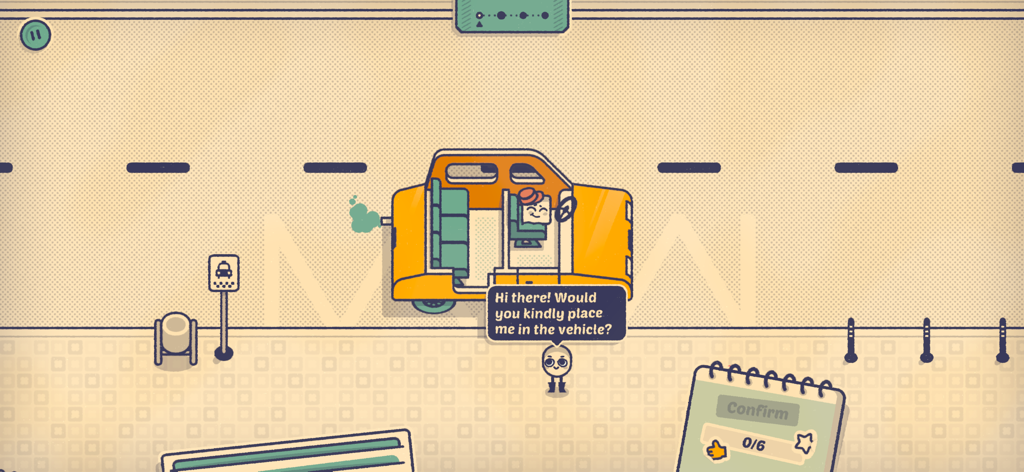 Is This Seat Taken? - A cozy puzzle screen from Is This Seat Taken where a character asks to be placed inside a yellow taxi vehicle