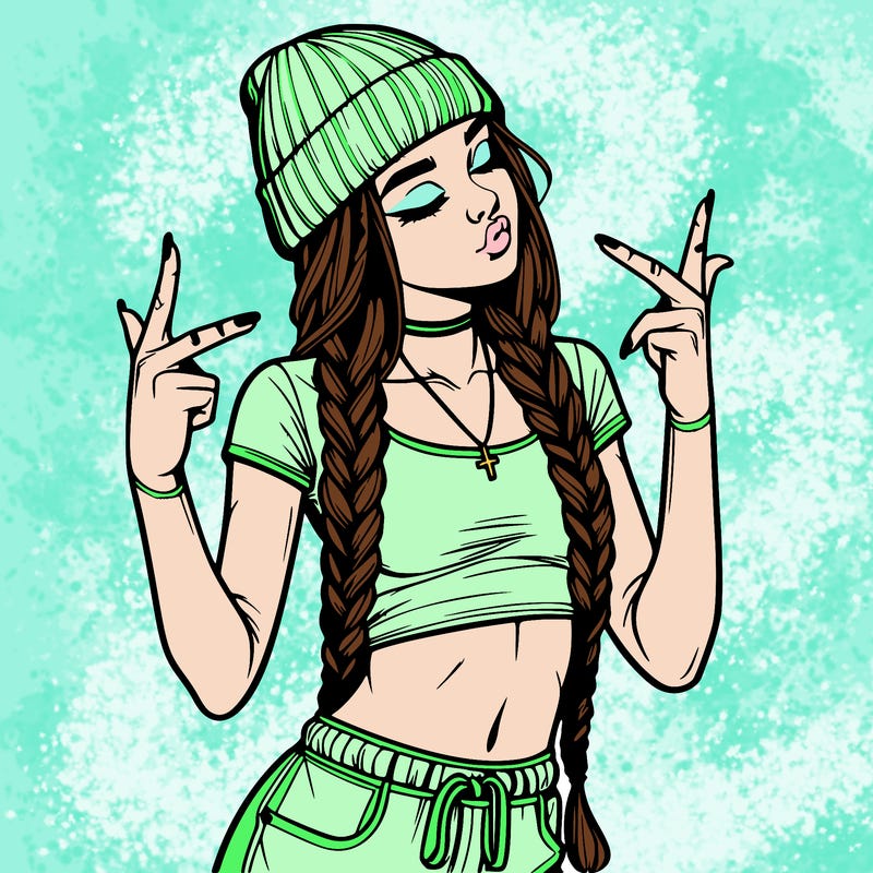 realistic teenage girl with braids and a beanie and crop top doing 🫶🏼