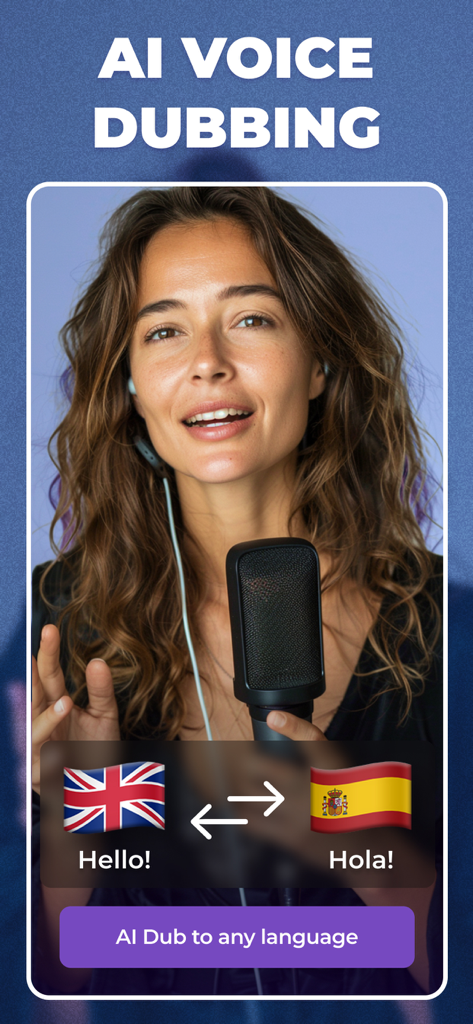 Captions for Videos - SubMe AI - Interface of SubMe AI app showing the voice dubbing feature translating English to Spanish