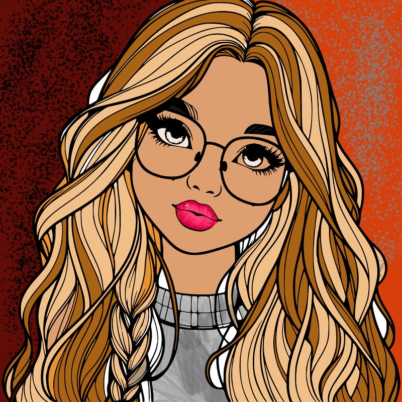 girl with long hair and freckles and glasses realistic