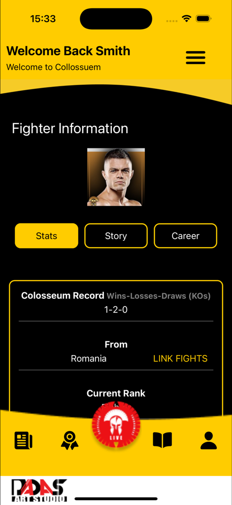 Fighter information profile in the Colosseum Kickboxing app showing stats record and ranking