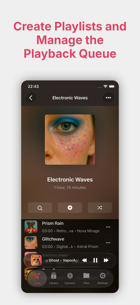 Interface do reprodutor de música Evermusic Pro mostrando gerenciamento de playlists e fila de reprodução em um iPhone