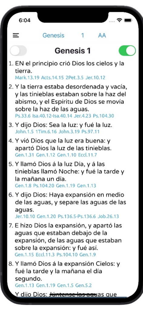 Biblia de Estudio: Referencia - Interface de l'application Bible d'étude montrant le chapitre 1 de la Genèse avec des références croisées en espagnol