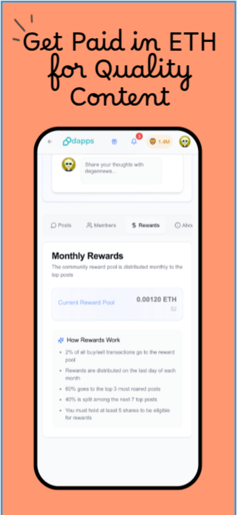 Dapps.co - Interfaz de la aplicación Dapps.co que muestra recompensas mensuales en Ethereum para creadores de contenido.