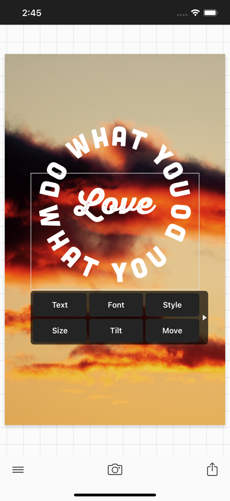 Phonto mobile app showing curved text editing over a sunset image with typography tools