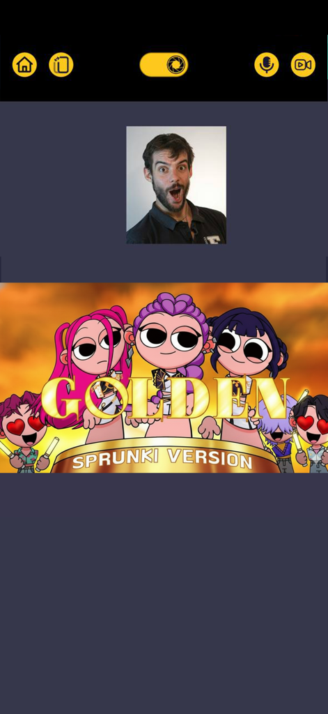 Record Box app interface showing a music video recording with Golden Sprunki version animations and character illustrations.