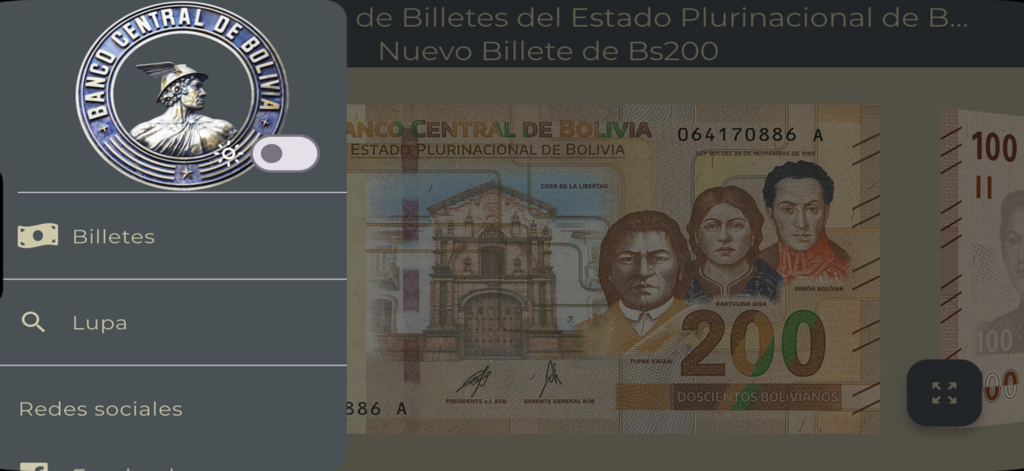 Billetes de Bolivia - Interfaz de la aplicación móvil que muestra un billete de 200 bolivianos y un menú de navegación lateral