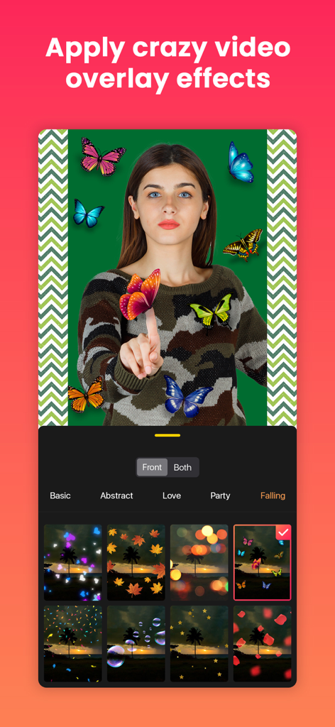 Interface do aplicativo Quick Edit mostrando efeitos de sobreposição de vídeo como borboletas e filtros bokeh