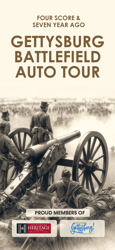 Gettysburg Battle Auto Tour app home screen featuring a historical illustration of Civil War soldiers and a cannon