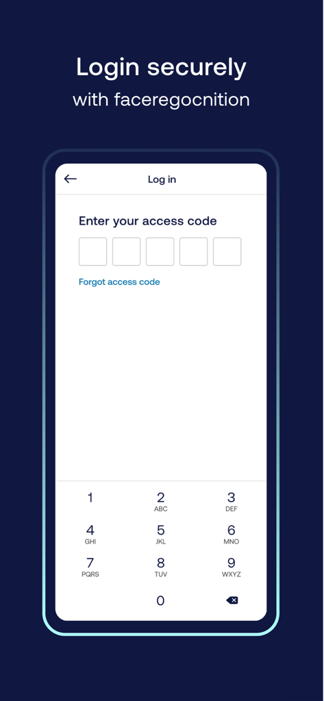 ICS Business - Secure login screen of the ICS Business app showing a 5-digit access code entry and numeric keypad.