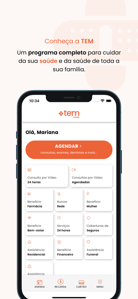 Tem Saude Digital app home screen showing a variety of healthcare and assistance services on a mobile interface