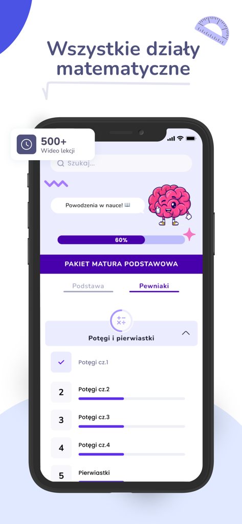 Matematyka Gryzie - Mobile app interface for Matematyka Gryzie showing math lesson categories and progress tracking