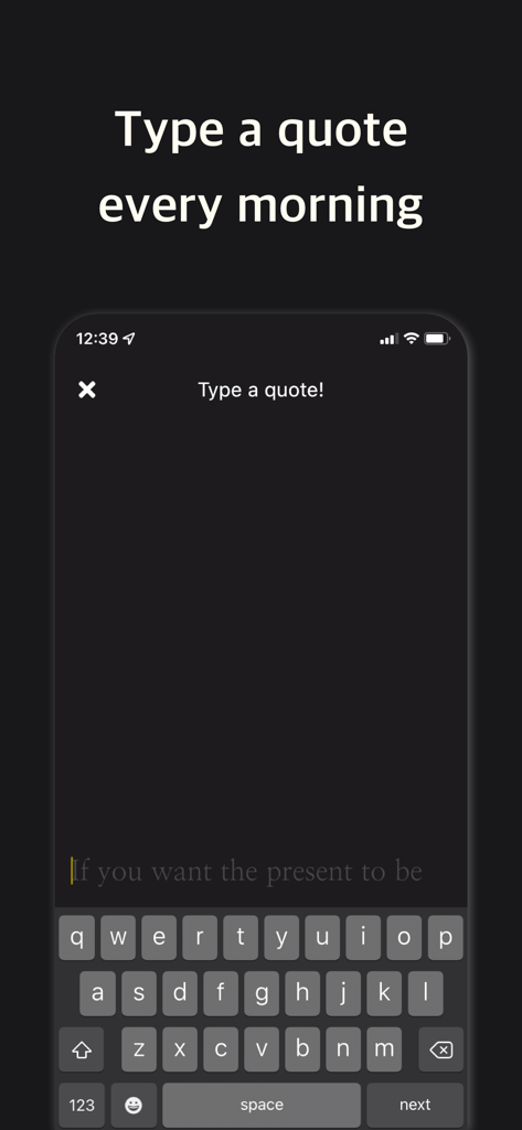 Happy Typing - Affirmations - Happy Typing app screen showing the interface to type a motivational quote every morning