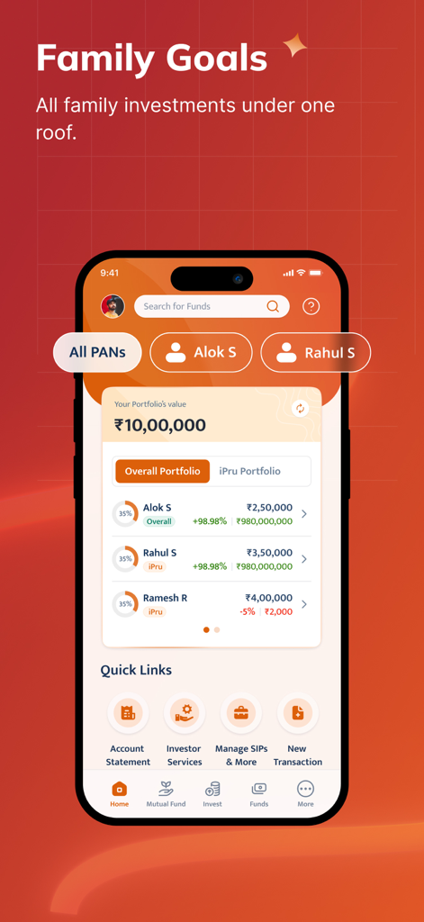 i-Invest iPru - i-Invest iPru mobile app dashboard showing the Multi-PAN view for consolidated family mutual fund investments.