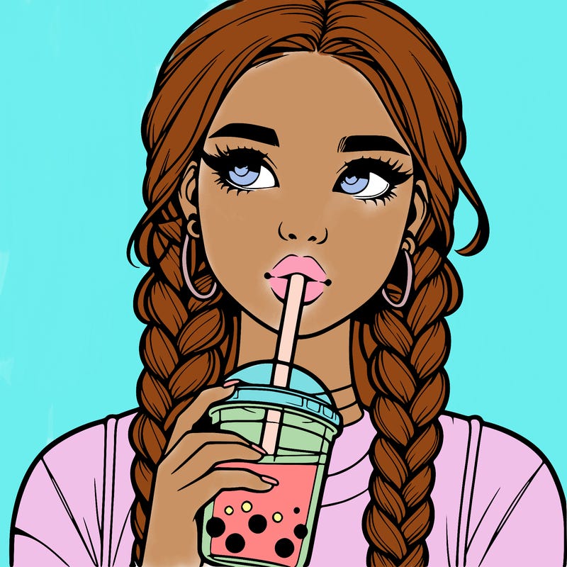 realistic girl with braided hair drinking boba