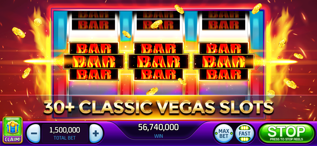 Vegas Classic Slots Casino 777 - Classic Vegas slot machine with fiery symbols and jackpot win display