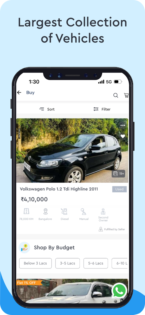 Droom: Buy Used Cars & Bikes - Interface de l'application mobile Droom affichant une Volkswagen Polo d'occasion à vendre, avec détails du véhicule et filtres de budget.