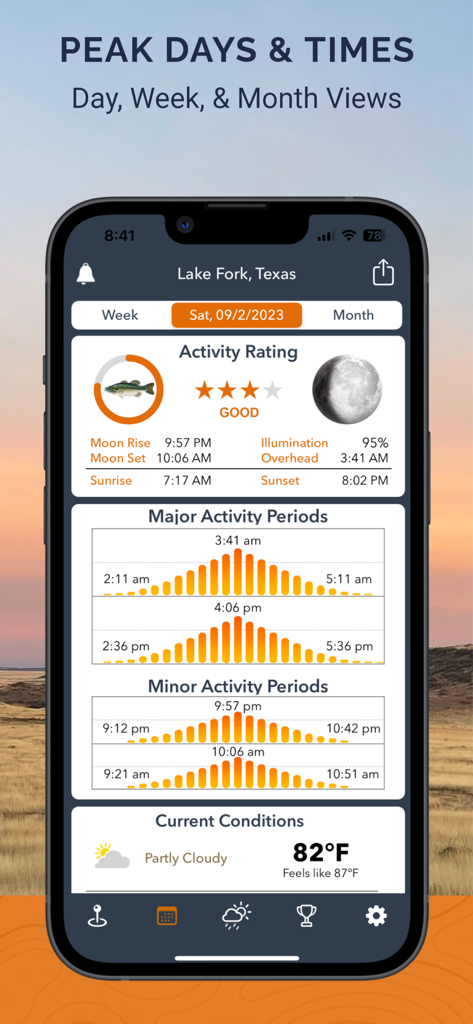 Hunt & Fish Times by iSolunar™ - Hunt and Fish Times mobile app showing peak hunting and fishing activity periods
