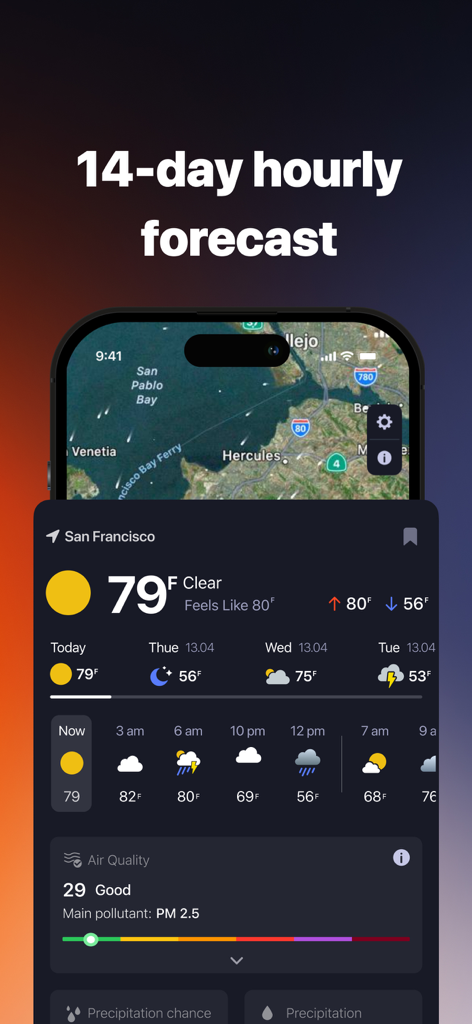 The Wildfire Tracker - The Wildfire Tracker app interface showing a 14 day hourly weather forecast and air quality index for San Francisco