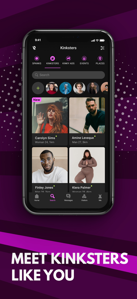 Mobile screen showing the Kinksters discovery feed on the FET dating app with user profiles
