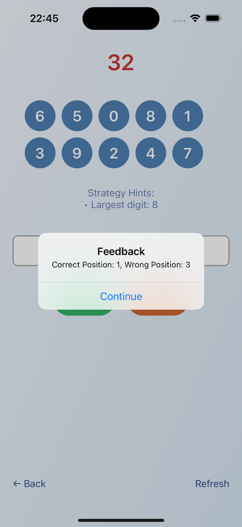 A brain training puzzle interface showing a numeric sequence and a feedback popup with correct position data