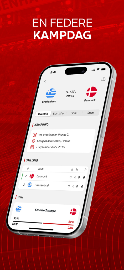 ForDanmark - A smartphone screen displaying the ForDanmark app with match info and stats for the Danish national football team.