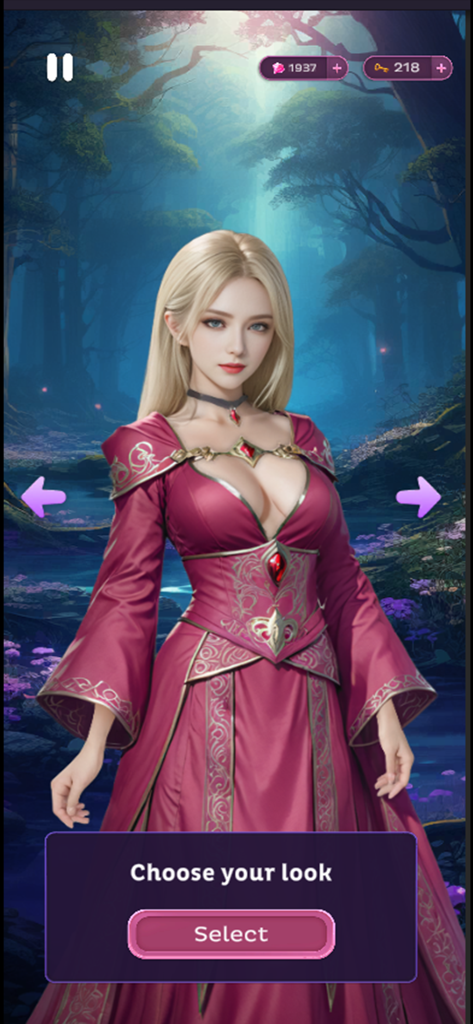 Lush: Interactive Stories - Pantalla de personalización de personaje en Lush Interactive Stories con una mujer rubia con un vestido rojo de fantasía.