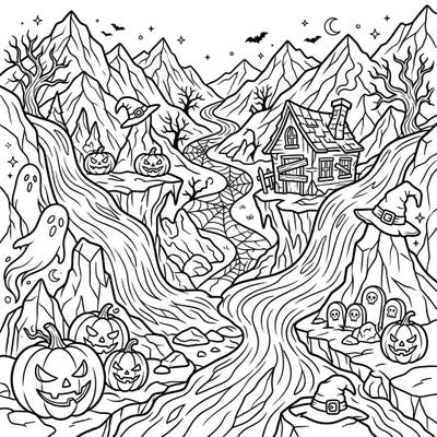 Embark on a chilling artistic adventure with our unique Halloween Valley Glaciers coloring page, blending majestic icy landscapes with spooky festive fun. Discover a world where carved pumpkins, friendly ghosts, and haunted houses await your creative touch in a dramatic mountain setting.